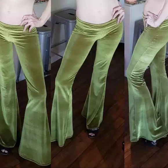 (LAST) Sage Green Velvet / Velour Super Bell Bottom Flare Pants - Picture 3 of 7